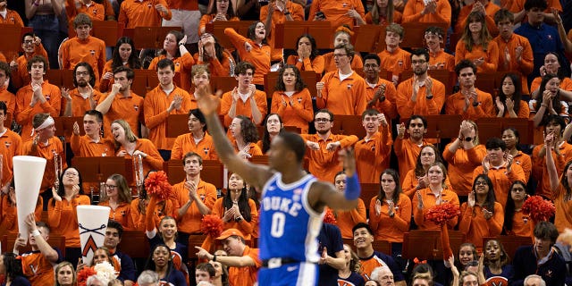 The Virginia crowd cheers after a foul against Duke during overtime of a game in Charlottesville, Virginia on Saturday, February 11, 2023.