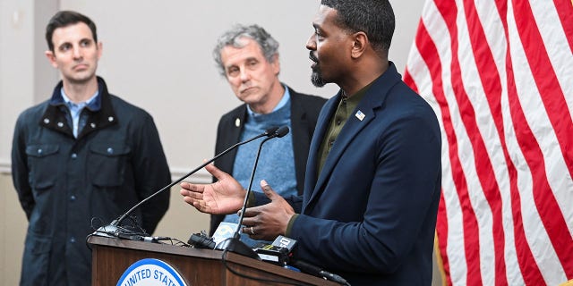 U.S. Environmental Protection Agency (EPA) Administrator Michael Regan speaks during a news conference after inspecting the site of a train derailment containing hazardous material in eastern Palestine, Ohio, on February 16, 2023.