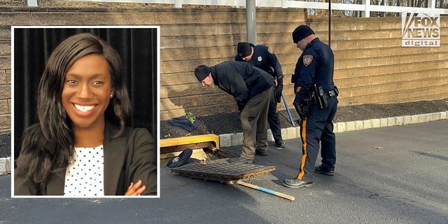 Sayreville councilwoman Eunice Dwumfour, 30, was shot and killed on Feb. 1, 2023. Background photo shows police investigating scene. 