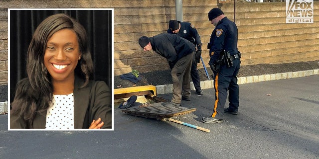 Sayreville councilwoman Eunice Dwumfour, 30, was shot and killed on Feb. 1, 2023. Background photo shows police investigating scene. 