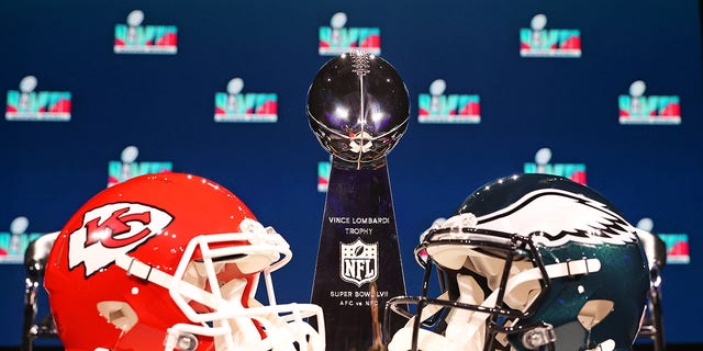 A view of the Vince Lombardi Trophy and the helmets of the Kansas City Chiefs and the Philadelphia Eagles before a press conference for NFL Commissioner Roger Goodell at Phoenix Convention Center on February 08, 2023 in Phoenix, Arizona.