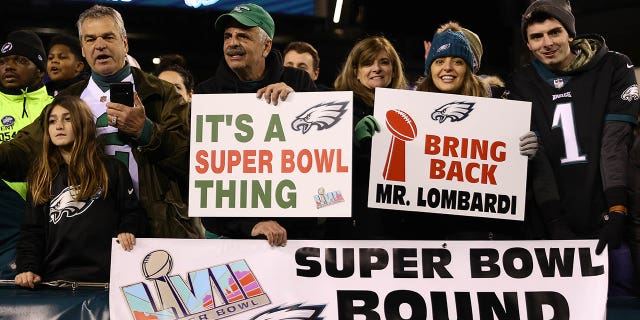 Eagles' Super Bowl LVII appearance has Philadelphia prepared to grease light poles again: report Philadelphia Eagles fans hold signs celebrating the Eagles win over the San Francisco 49ers in the NFC Championship Game at Lincoln Financial Field on January 29, 2023, in Philadelphia, Pennsylvania. Philadelphia defeated San Francisco 31-7.
