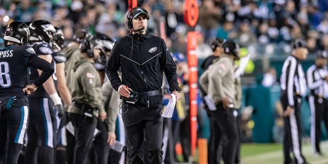Philadelphia Eagles Offensive Coordinator Shane Steichen looks on during the National Football League game between the Green Bay Packers and the Philadelphia Eagles on November 27, 2022 at Lincoln Financial Field in Philadelphia, PA.