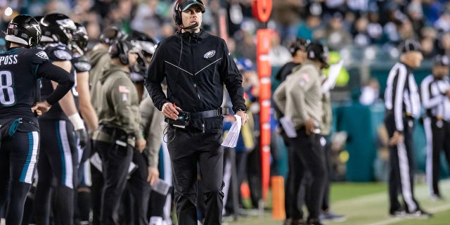 Philadelphia Eagles Offensive Coordinator Shane Steichen looks on during the National Football League game between the Green Bay Packers and the Philadelphia Eagles on November 27, 2022 at Lincoln Financial Field in Philadelphia, PA.