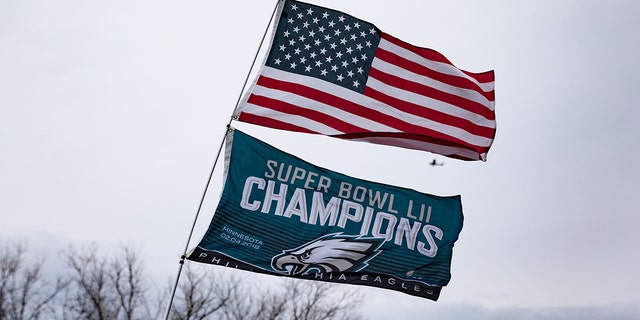 Flags are displayed before the NFC Championship game between the San Francisco 49ers and the Philadelphia Eagles at Lincoln Financial Field on January 29, 2023 in Philadelphia, Pennsylvania.