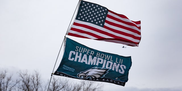 Flags are pictured before the NFC Championship game between the San Francisco 49ers and Philadelphia Eagles at Lincoln Financial Field on January 29, 2023 in Philadelphia, Pennsylvania.