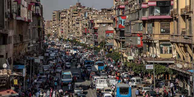 A crowded street in Cairo, Egypt, is pictured on April 14, 2020. Egypt's annual inflation rate reached a new high in January at 26.5%. 