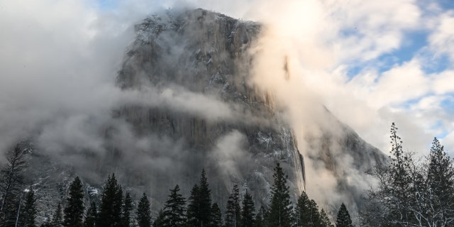 A view of El Capitan as snow blanked Yosemite National Park in California, on Feb. 22, 2023.