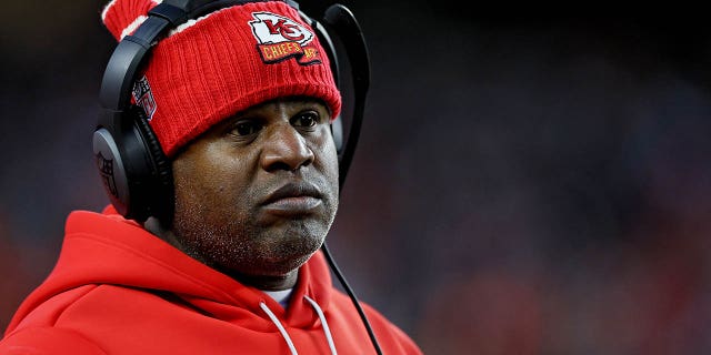 Eric Bieniemy looks on during the first half against the Cincinnati Bengals at Paycor Stadium on December 4, 2022, in Cincinnati, Ohio.