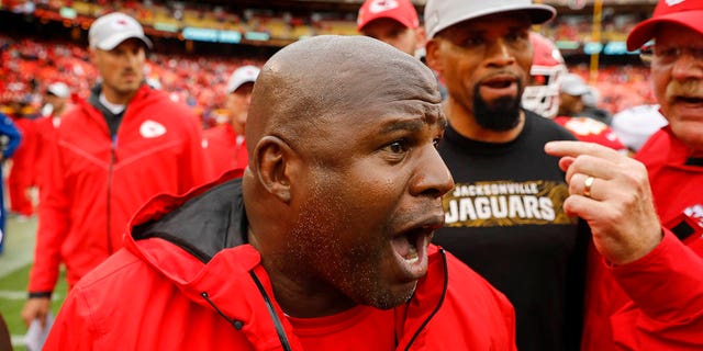 Eric Bieniemy, offensive coordinator with the Kansas City Chiefs, shouts during a game against the Jacksonville Jaguars in Kansas City, Missouri.