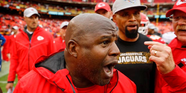 Eric Bieniemy, offensive coordinator with the Kansas City Chiefs, shouts during a game against the Jacksonville Jaguars in Kansas City, Missouri.