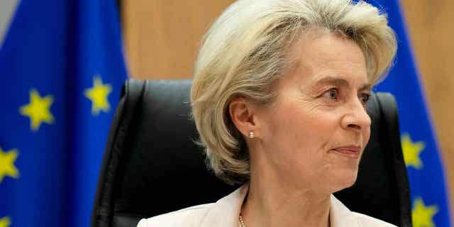 European Commission President Ursula von der Leyen waits for the start of a meeting at EU headquarters in Brussels on Jan. 25, 2023. The EU president led a team of 15 policy commissioners to Ukraine on Thursday.