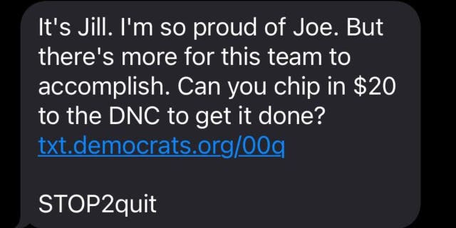First Lady Jill Biden appeared to sign a Democrat fundraising text sent during the State of the Union.