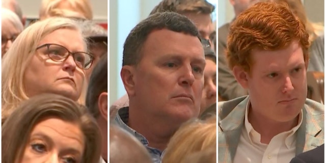 From left: Lynn Murdaugh Goette, Randy Murdaugh and Buster Murdaugh watch Alex Murdaugh testify in the Colleton County Courthouse in Walterboro, South Carolina.