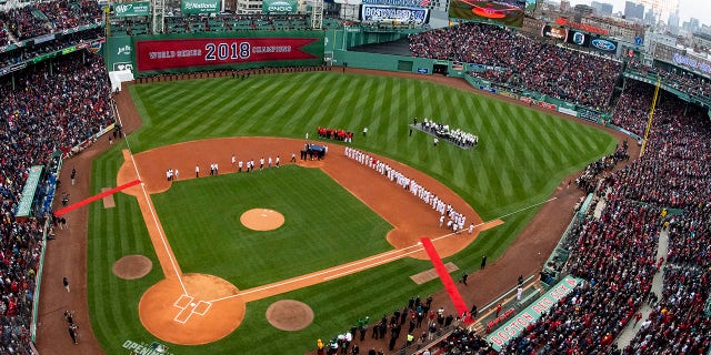 A general view during the Boston Red Sox's 2018 World Series championship ring ceremony before a season opener against the Toronto Blue Jays on April 9, 2019 at Fenway Park in Boston.