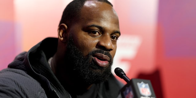 Fletcher Cox #91 of the Philadelphia Eagles speaks to the media during Super Bowl LVII Opening Night presented by Fast Twitch at the Footprint Center on February 6, 2023 in Phoenix, Arizona.