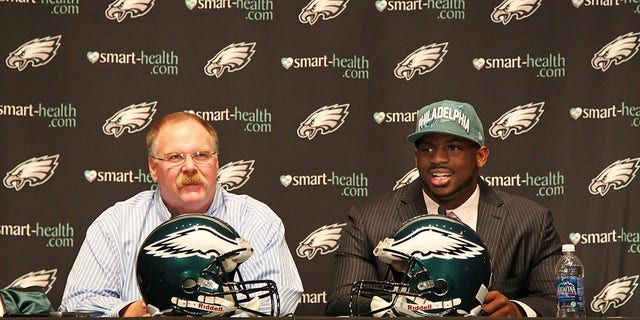 First round draft pick Fletcher Cox (R) of the Philadelphia Eagles and head coach Andy Reid speak to the media during a press conference on April 27, 2012 at the NovaCare Complex in Philadelphia, Pennsylvania.