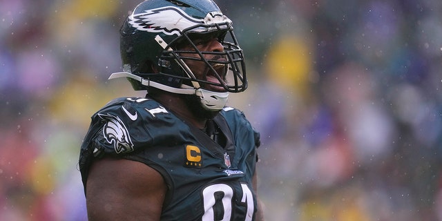 Fletcher Cox #91 of the Philadelphia Eagles reacts against the Jacksonville Jaguars at Lincoln Financial Field on October 2, 2022 in Philadelphia, Pennsylvania.