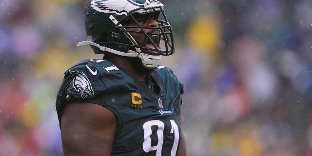 Fletcher Cox #91 of the Philadelphia Eagles reacts against the Jacksonville Jaguars at Lincoln Financial Field on October 2, 2022 in Philadelphia, Pennsylvania.