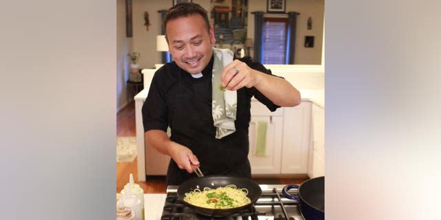 Father Leo Patalinghug cooking spaghetti arsenic portion of his effort he calls 'Plating Grace' — making God’s grace desirable, appetizing and digestible.