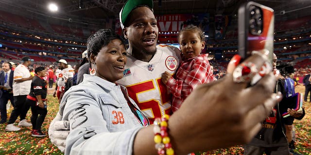 Frank Clark #55 of the Kansas City Chiefs celebrates after defeating the Philadelphia Eagles 38-35 in Super Bowl LVII at State Farm Stadium on February 12, 2023 in Glendale, Arizona.