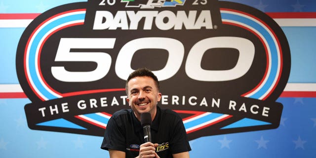 Frankie Muniz speaks to the media during the NASCAR Cup Series 65th Annual Daytona 500 Media Day at Daytona International Speedway Feb. 15, 2023, in Daytona Beach, Fla.