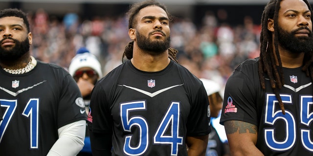 NFC middle linebacker Fred Warner, #54 of the San Francisco 49ers, looks on during an NFL Pro Bowl football game at Allegiant Stadium on Feb. 5, 2023 in Las Vegas.