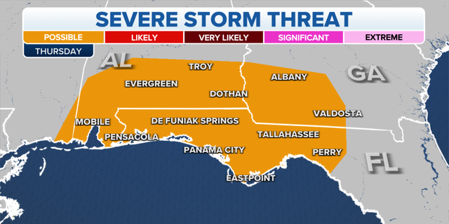 The threat of severe storms on Thursday across the Gulf