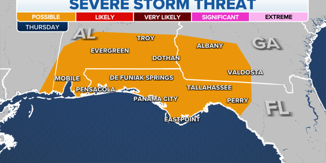 The threat of severe storms on Thursday across the Gulf