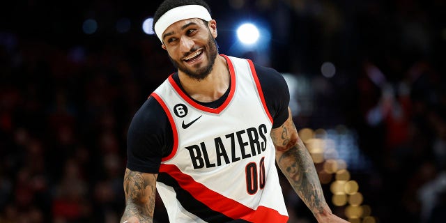 Gary Payton II of the Portland Trail Blazers reacts after scoring against the San Antonio Spurs in the fourth quarter at the Moda Center on January 23, 2023 in Portland, Oregon.