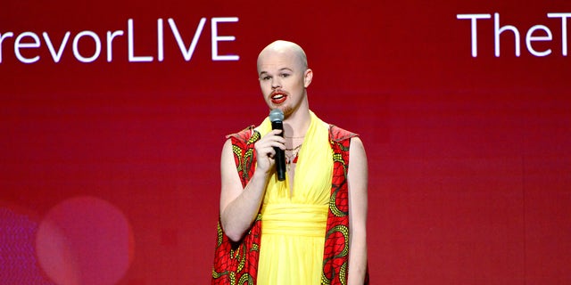 Sam Brinton speaks onstage during an event on Dec. 3, 2018, in Beverly Hills, California. Khamsin alleges that the clothing Brinton wore at the event were in her luggage reported missing months earlier. Brinton has not been charged with any crime related to Khamsin's allegations.