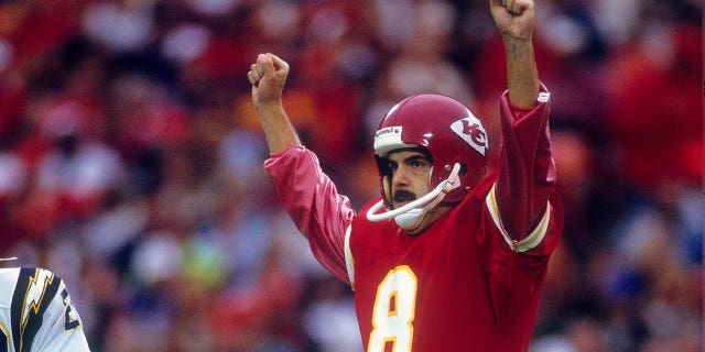 Kicker Nick Lowery #8 of the Kansas City Chiefs celebrates after kicking and making a field goal against the San Diego Chargers during an NFL football game at Arrowhead Stadium December 17, 1989 in Kansas City, Missouri. Lowery played for the Chiefs from 1980-93.