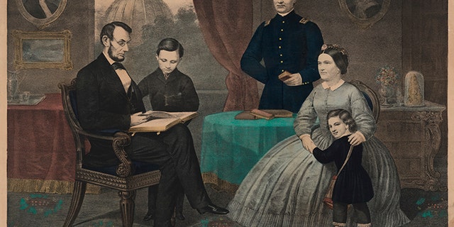 The Lincoln family in a lithograph, from left: Abraham Lincoln, William Lincoln, Robert Lincoln, Mary Todd Lincoln and Thomas Lincoln. The lithograph was published by Kelly and Sons in 1861.
