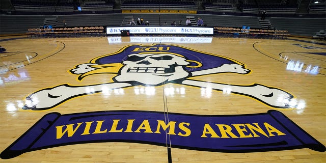 The Williams Arena Center Court logo during a game between the Connecticut Huskies and the East Carolina Pirates on February 29, 2020 in Greenville, NC