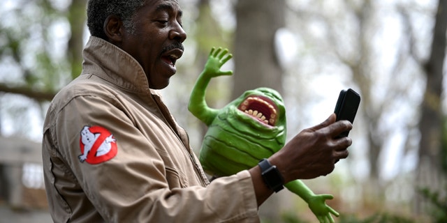 Ghostbusters co-star Ernie Hudson recorded an uplifting video message for a fan in his backyard Tuesday while donning his Ghostbusters jumpsuit and a "Slimer" puppet. Hudson talks about retreating to Minnesota for the COVID lockdown and how he spends his time recording uplifting messages to fans. (Photo by Aaron Lavinsky/Star Tribune via Getty Images)
