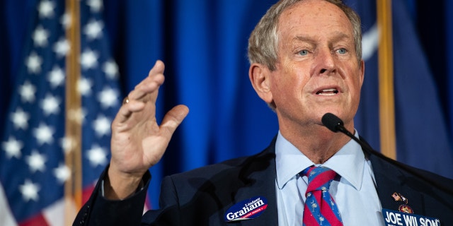 Rep. Joe Wilson, R-S.C., speaks to a crowd at Sen. Lindsey Graham's election night watch party on Nov. 3, 2020, in Columbia, South Carolina.