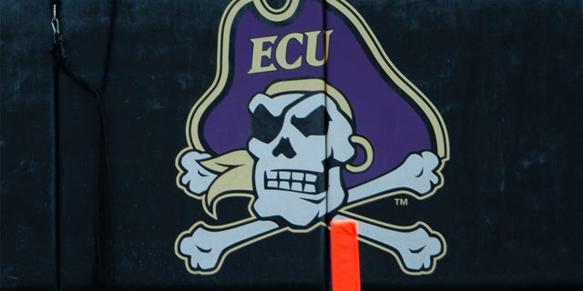 The East Carolina Pirates logo on the field during a college football game between the Tulane Green Wave and the East Carolina Pirates at Dowdy-Ficklen Stadium on November 7, 2020 in Greenville, NC