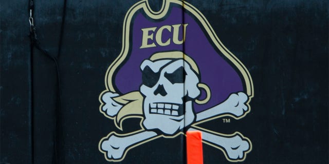 The East Carolina Pirates logo on the field during a college football game between the Tulane Green Wave and the East Carolina Pirates at Dowdy-Ficklen Stadium on November 7, 2020 in Greenville, NC