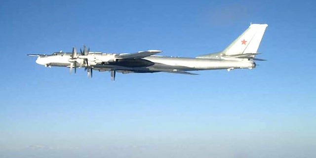 A Russian Tu-95 Bear long-range bomber aircraft is seen in a file photo released by the U.S. Navy.