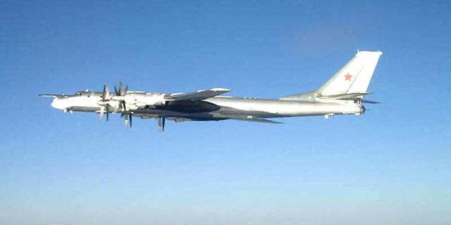 A Russian Tu-95 Bear long-range bomber aircraft is seen in a file photo released by the U.S. Navy.