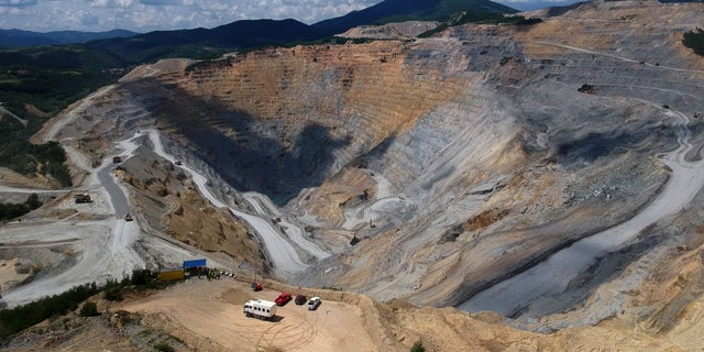A Chinese-owned open pit copper mine is pictured on June 11, 2021.