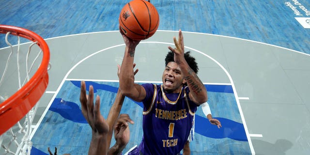 Diante Wood #1 of the Tennessee Tech Golden Eagles shoots the ball against the Memphis Tigers on November 9, 2021 at FedExForum in Memphis, Tennessee. Memphis defeated Tennessee Tech 89-65.