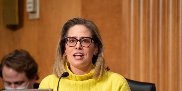 WASHINGTON, DC - FEBRUARY 01: Sen. Krysten Sinema, D-Ariz., at a Senate Homeland Security and Governmental Affairs Committee hearing on February 1, 2022 at the US Capitol in Washington, DC. 