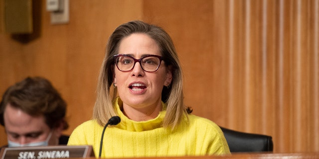 WASHINGTON, DC - FEBRUARY 01: Sen. Krysten Sinema, D-Ariz., at a Senate Homeland Security and Governmental Affairs Committee hearing on February 1, 2022 at the US Capitol in Washington, DC. 