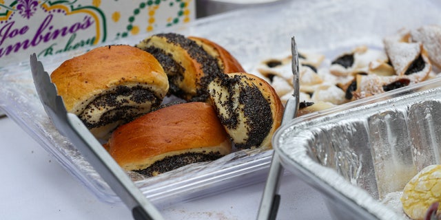 Poppy seed rolls are seen at a bake sale.