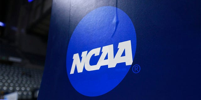 The NCAA logo before the DIII national championship game in basketball