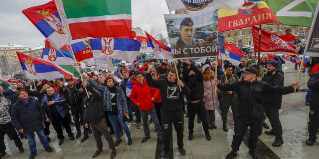 A group of citizens gathers in front of the U.S. Embassy in Moscow, the capital of Russia, protested with the flags of Russia and Serbia, on April 3, 2022. 