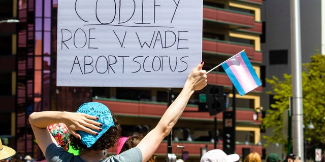 A protester holds a placard and trans flag during the protest against the possible overturning of Roe v. Wade after leaked Supreme Court information in summer 2022.