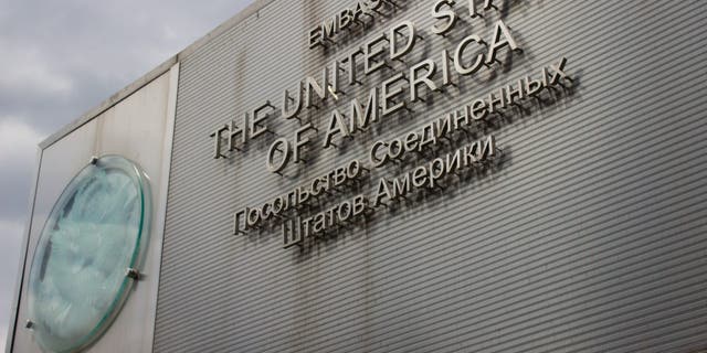 The seal of the United States in front of the US Embassy in Moscow on June 1, 2022