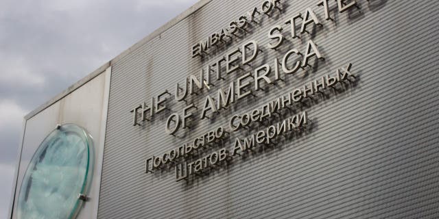 The U.S. seal is seen in front of the U.S. Embassy in Moscow June 1, 2022